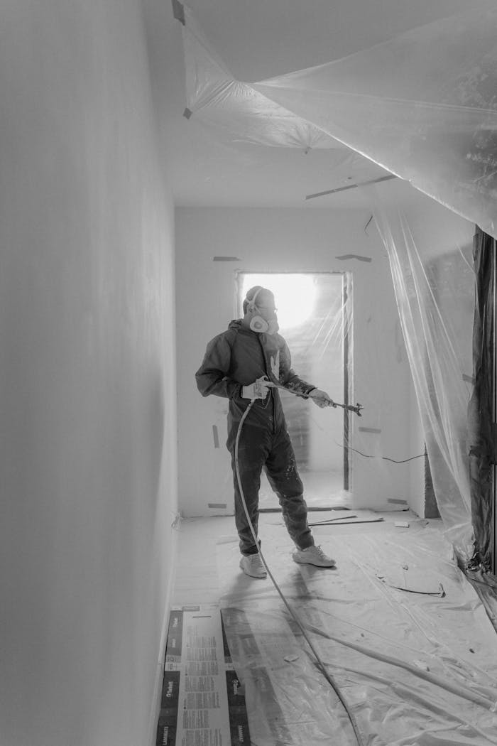 who-we-are Black and white image of a person painting a room, focusing on renovation and improvement.